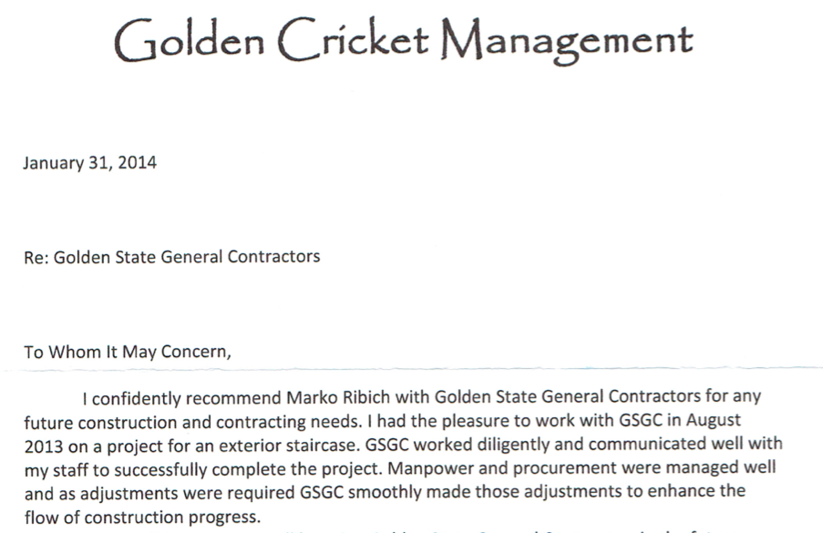 Golden Cricket Letter of rec.